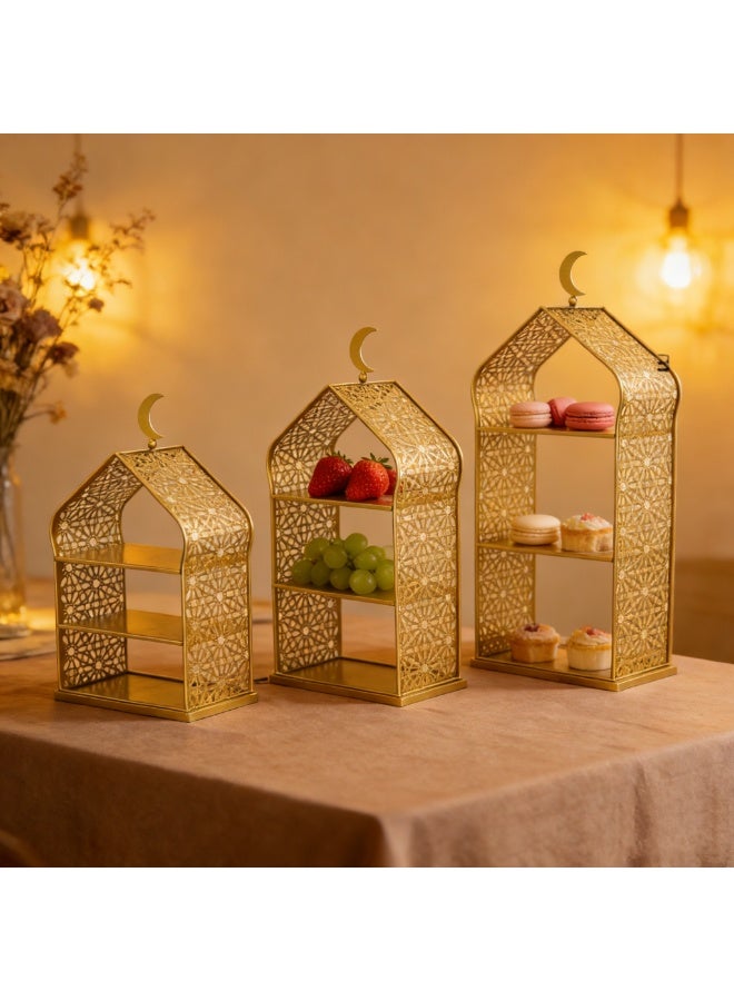 3-Piece Golden Decorative Display Shelves – Premium Metal Serving Racks for Ramadan, Eid, Weddings, Ideal for Fruit, Pastries, and Table Centerpieces（YB212） - Image 3